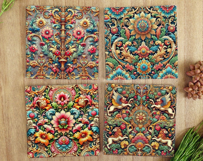 Set of 4 Colourful Victorian Tile Design Ceramic Coasters – Glossy Finish, Cork Backed, 10cm Square – Elegant Vintage Home Décor Gift