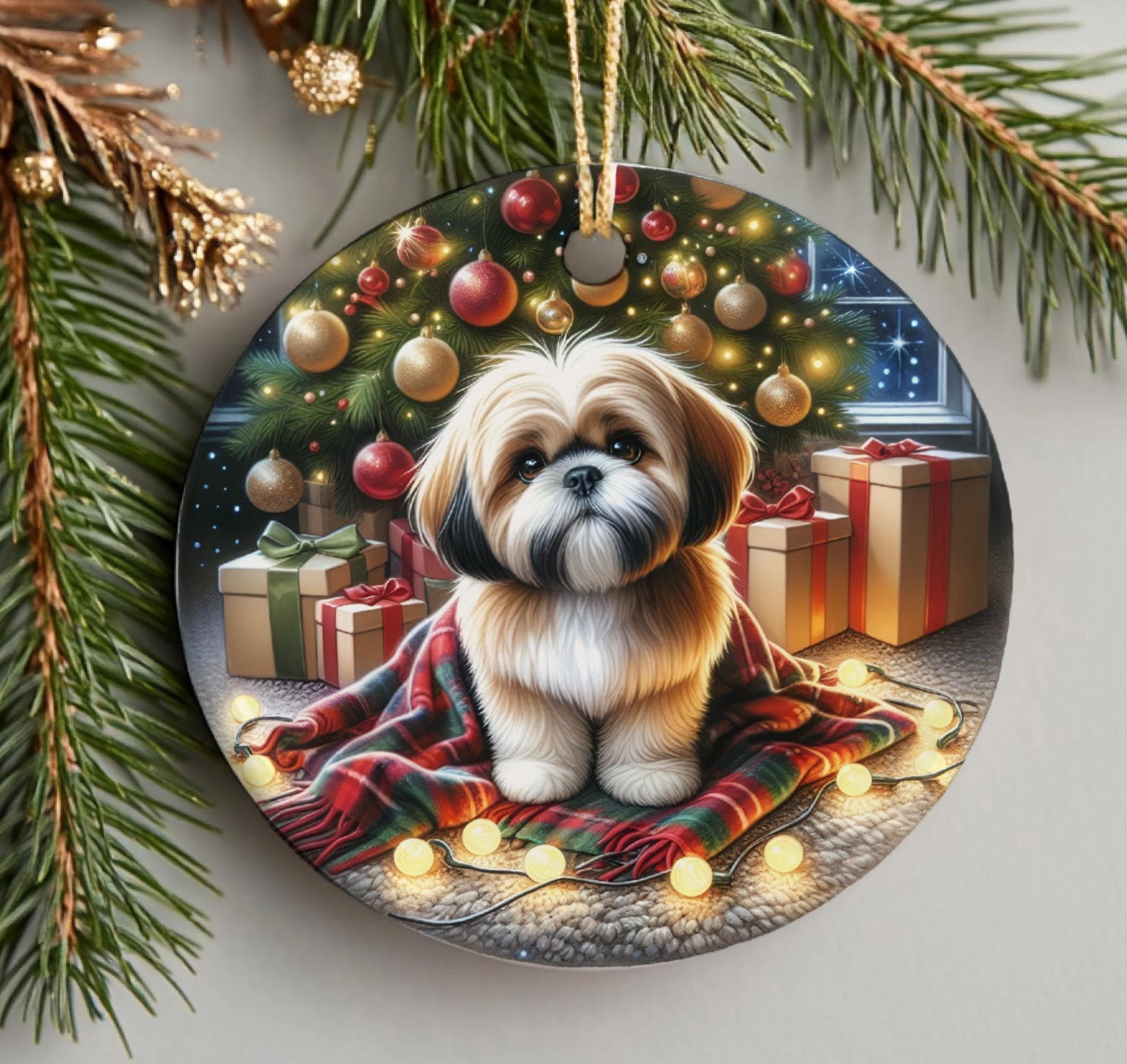 シーズークリスマスツリー置物 シーズーのクリスマスツリーオーナメント、セラミック製、両面プリント