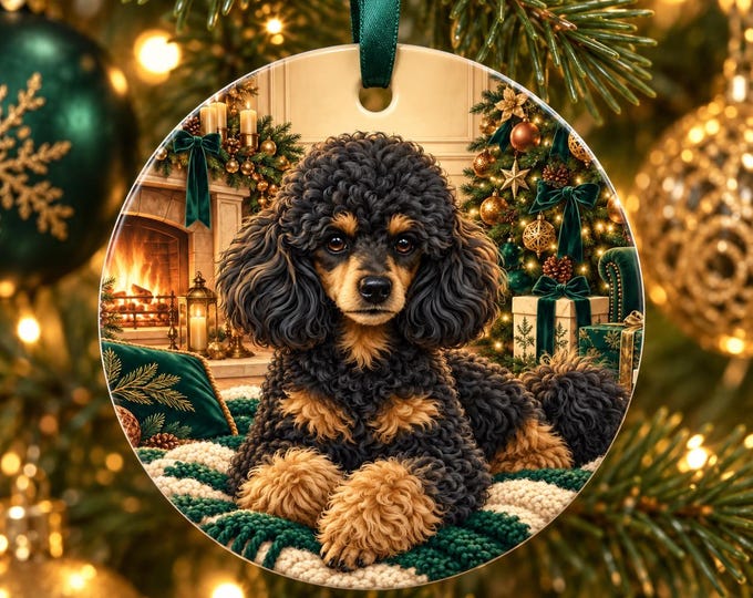 Black and Tan Phantom Poodle Christmas Ornament, Ceramic Dog Keepsake, Festive Tree Decoration