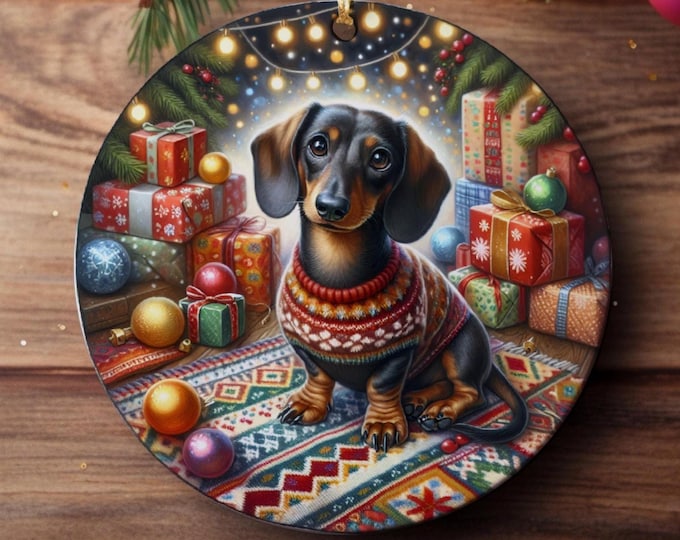 Dachshund Ceramic Christmas Tree Ornament, Design on Both Sides & Gift Bag