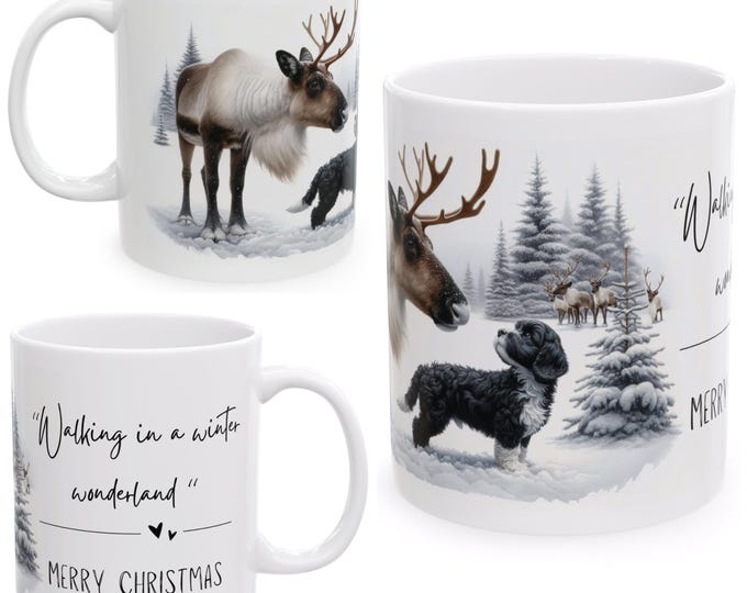 Walking in a Winter Wonderland Christmas Mug, Festive Black & White Cockapoo Mug