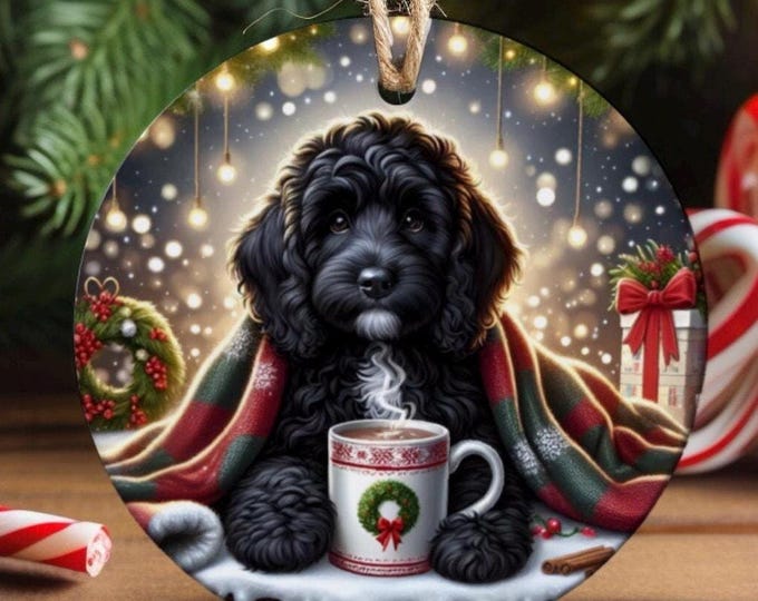 Black Cockapoo Christmas Tree Ornament, Ceramic Double-Sided Printed