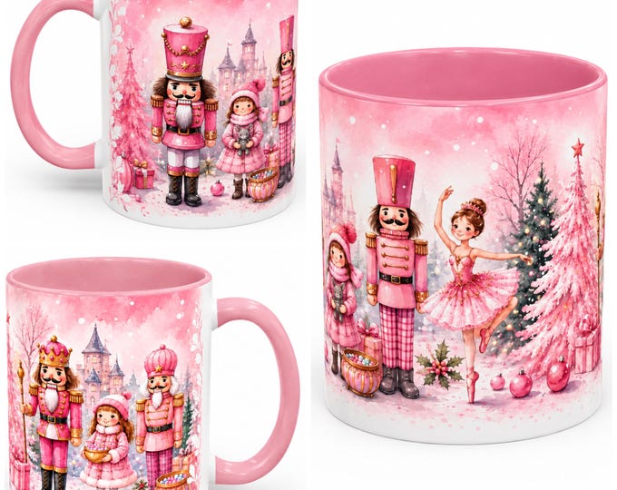 Pink Nutcracker Christmas Mug | Ballet Fairy Tale Gift | Pink Handle Mug