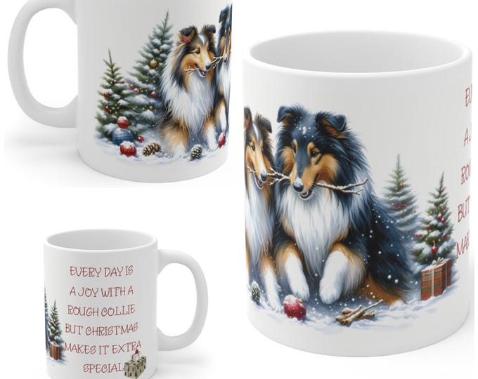 11oz Ceramic Rough Collie Christmas Mug, Rough Collie Mug, Rough Collie Gift For Rough Collie , Mum, Dad, Owner, Agility Gift