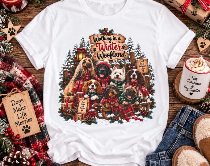 Walking in a Winter Woofland T-Shirt, Christmas Dog Lover Tee, Festive Dogs