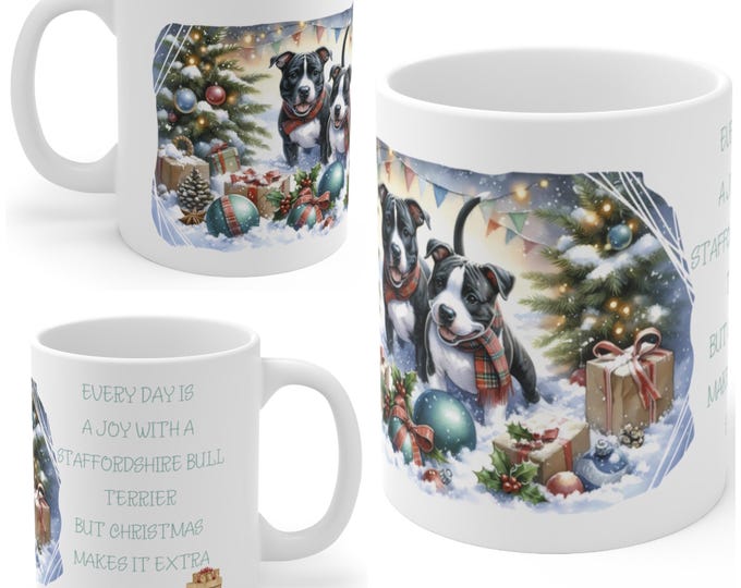 11oz Ceramic Staffordshire Bull Terrier Christmas Mug, Staffordshire Bull Terrier Mug, Staffie Gift For Staffy , Mum, Dad, Owner