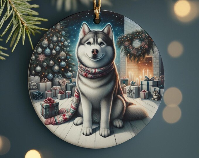 Husky Christmas Tree Ornament, Ceramic, Double-Sided Printed & Gift Bag