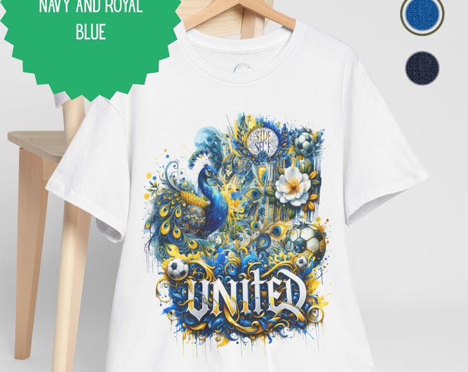 Heavy Cotton Leeds United Fan T-Shirt | Peacock Football Tee | Marching On Together Gift | Royal Blue, Navy & White | Sizes Small to 5XL