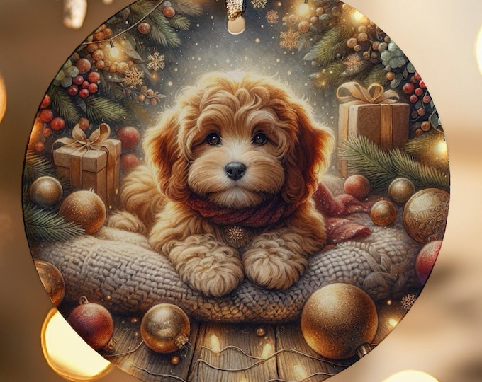 Apricot Cavapoo Christmas Tree Ornament, Ceramic Design on Both Sides & Gift Bag