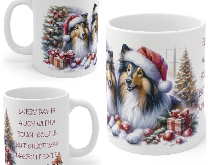 11oz Ceramic Rough Collie Christmas Mug, Rough Collie Mug, Rough Collie Gift For Rough Collie , Mum, Dad, Owner, Agility Gift