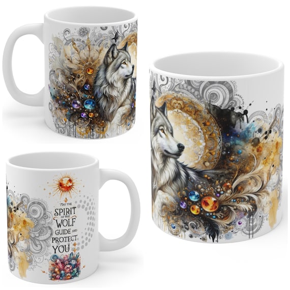 Wolf Spirit Animal Coffee Mug, Mystical Design