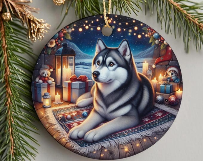 Husky Christmas Tree Ornament, Ceramic, Double-Sided Printed & Gift Bag