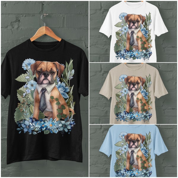 Adorable Boxer Dog Design In Black, White, Light Blue And Sand, Sizes S - 4XL, Unisex Softstyle T-Shirt.