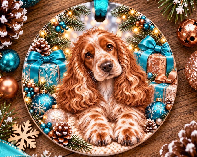 Orange Roan Cocker Spaniel Christmas Tree Ornament, Ceramic, Double-Sided Print & Gift Bag