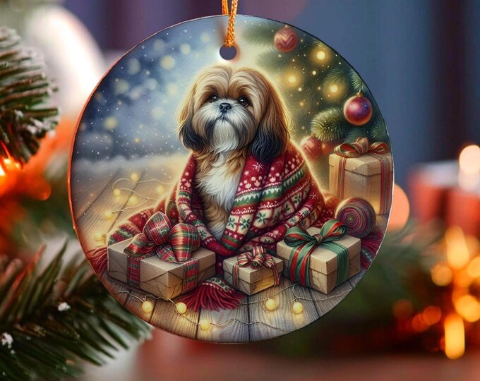 Shih Tzu Christmas Tree Ornament, Ceramic, Double-Sided Printed & Gift Bag