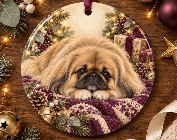 Pekingese Christmas Tree Ornament, Ceramic, Double-Sided Print & Gift Bag