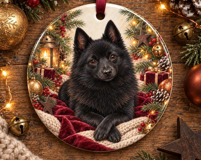 Schipperke Christmas Tree Ornament, Ceramic, Double-Sided Print & Gift Bag