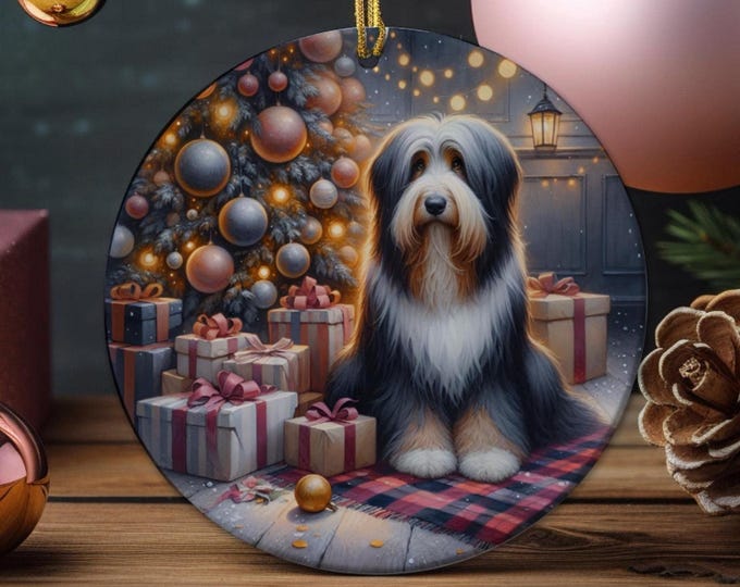 Bearded Collie Christmas Tree Ornament, Ceramic, Double-Sided Printed & Gift Bag