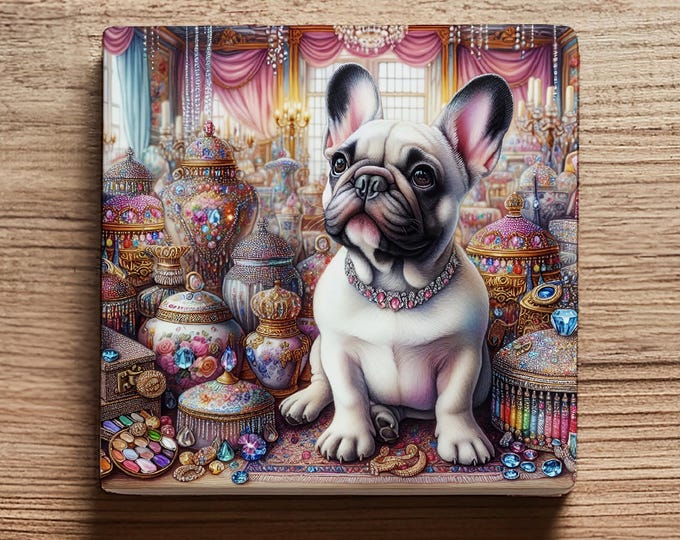 Luxury French Bulldog Ceramic Coaster – Victorian Jewel Design, Glossy Finish with Cork Back – Elegant Gift for Dog Lovers