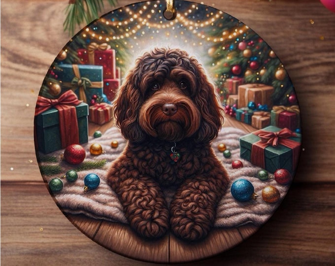 Chocolate Cockapoo Christmas Tree Ornament, Ceramic Double-Sided Print, Gift Bag