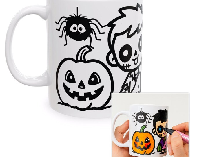 DIY Colour-In Halloween Mug | Personalise With Ceramic Pens | Spooky Craft Activity for Kids & Adults | Creative Halloween Gift