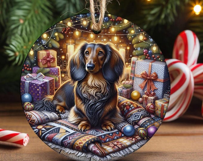 Dachshund Ceramic Christmas Tree Ornament, Design on Both Sides & Gift Bag