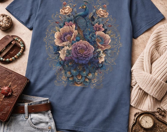 Peacock Floral T-Shirt, Vintage Botanical Bird Nature Graphic Tee