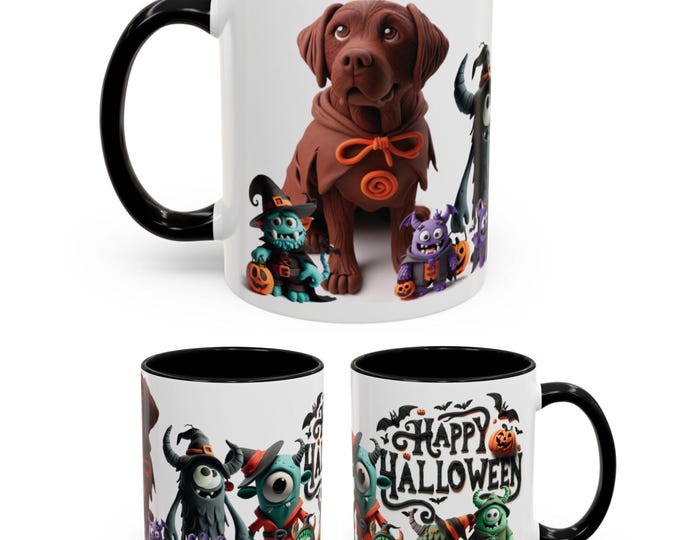 Cute Halloween Mug – Chocolate Labrador with Adorable Little Monsters – Fun Dog Lover Gift – Boo Basket Gift - 11oz Ceramic Coffee Mug