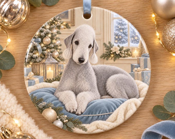 Bedlington Terrier Christmas Tree Ornament, Ceramic, Double-Sided Print & Gift Bag