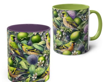 Greenfinch Mug – 11oz Ceramic Coffee Cup – Bird Lover Gift – Nature Inspired Design – Available in Green or Purple
