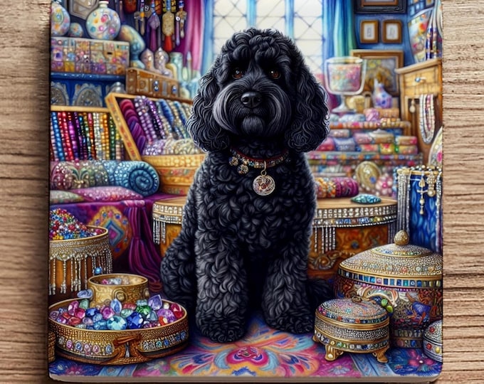Luxury Black Cockapoo Ceramic Coaster – Victorian Jewel Design, Glossy Finish with Cork Back – Elegant Gift for Dog Lovers