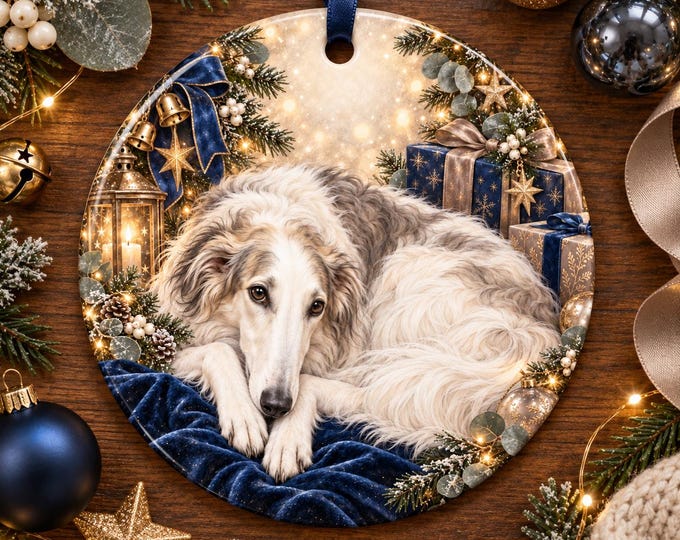 Borzoi Christmas Tree Ornament, Ceramic, Double-Sided Print & Gift Bag