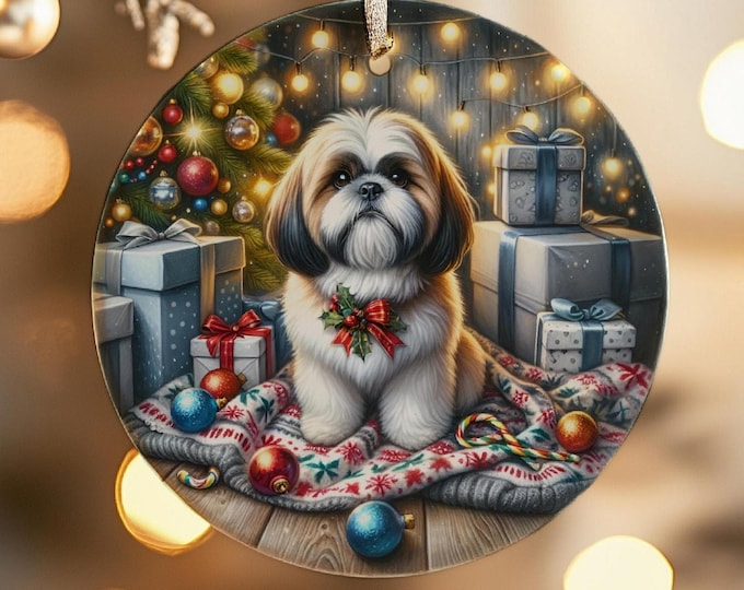 Shih Tzu Christmas Tree Ornament, Ceramic, Double-Sided Printed & Gift Bag