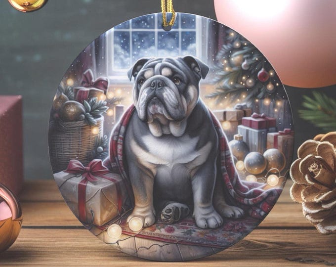 British Bulldog Christmas Tree Ornament, Ceramic Double Sided Print & Gift Bag