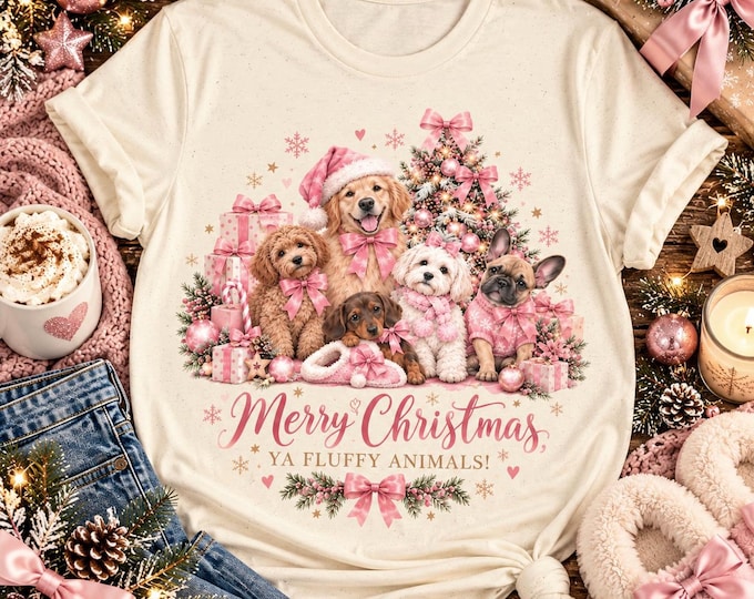 Merry Christmas Puppies T-Shirt | Pink Christmas Dogs, Dachshund, Cockapoo, Golden Retriever, French Bulldog