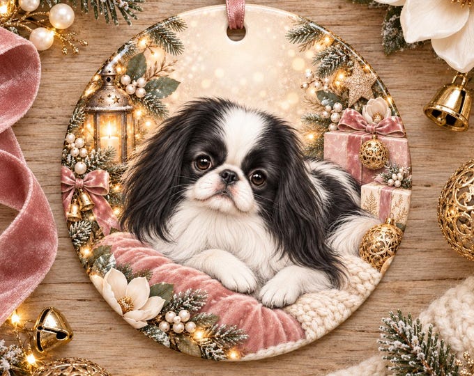 Japanese Chin Christmas Tree Ornament, Ceramic, Double-Sided Print & Gift Bag