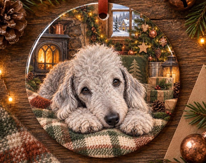 Bedlington Terrier Christmas Tree Ornament, Ceramic, Double-Sided Print & Gift Bag
