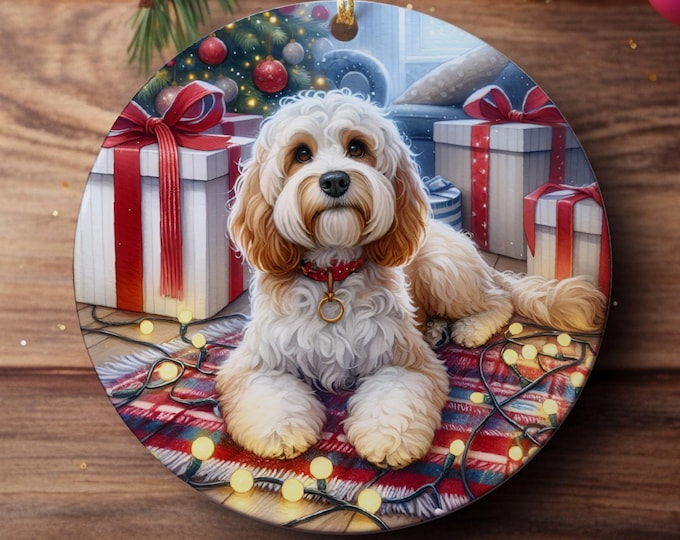 Cream and White Cockapoo Christmas Tree Ornament, Ceramic Double-Sided Printed