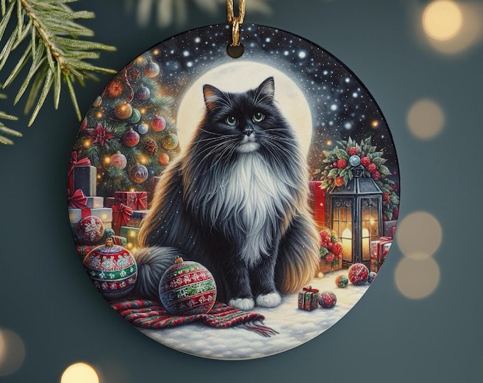 Black and White Cat Christmas Ornament, Ceramic Double-Sided Print Decoration & Gift Bag