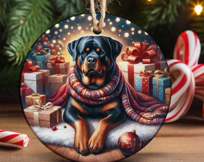 Rottweiler Christmas Tree Ornament, Ceramic With Design On Both Sides, Gift Bag