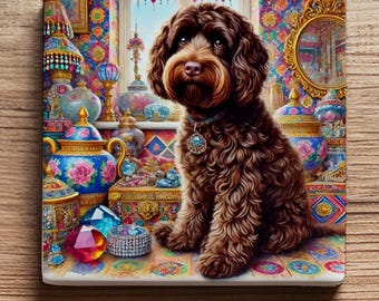 Luxury Chocolate Cockapoo Ceramic Coaster – Victorian Jewel Design, Glossy Finish with Cork Back – Elegant Gift for Dog Lovers
