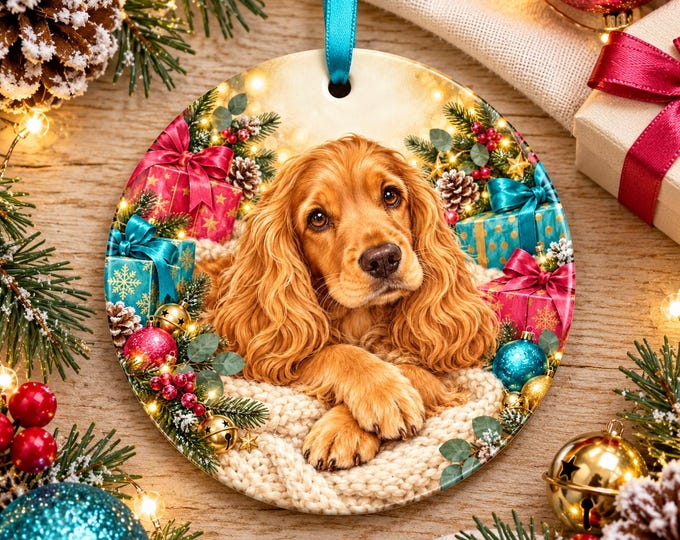 Golden Cocker Spaniel Christmas Tree Ornament, Ceramic, Double-Sided Print & Gift Bag