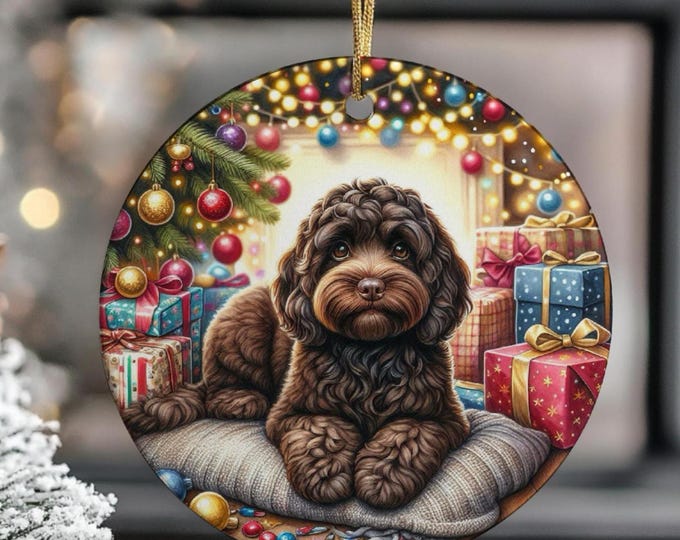 Chocolate Cockapoo Christmas Tree Ornament, Ceramic Double-Sided Print, Gift Bag