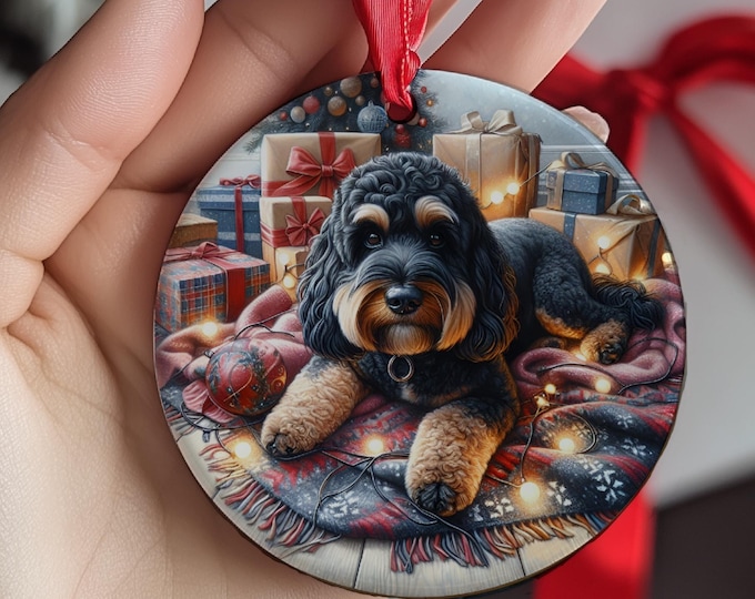 Black and Tan Cockapoo Christmas Tree Ornament, Ceramic Double-Sided Printed