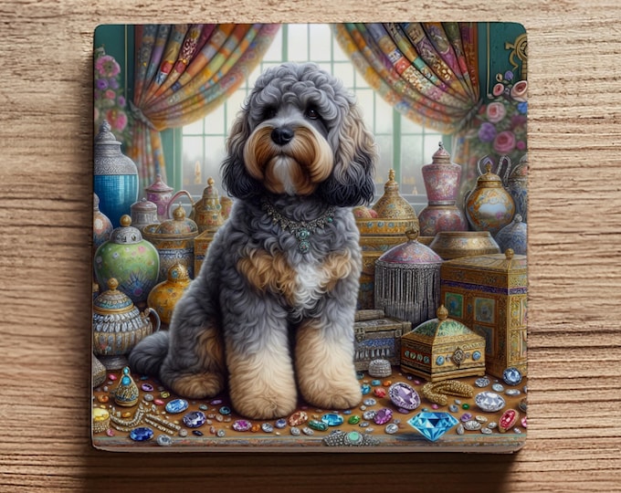 Luxury Grey and Tan Cockapoo Ceramic Coaster – Victorian Jewel Design, Glossy Finish with Cork Back – Elegant Gift for Dog Lovers