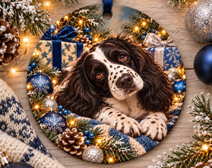English Springer Spaniel Christmas Tree Ornament, Ceramic, Double-Sided Print & Gift Bag