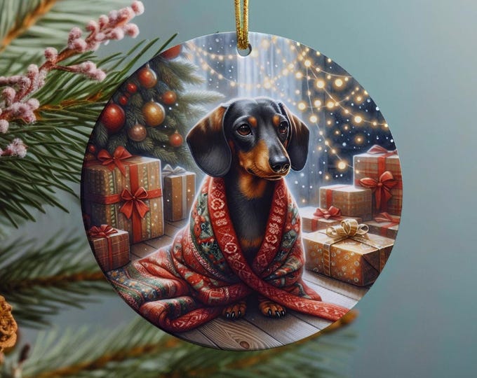 Dachshund Ceramic Christmas Tree Ornament, Design on Both Sides & Gift Bag