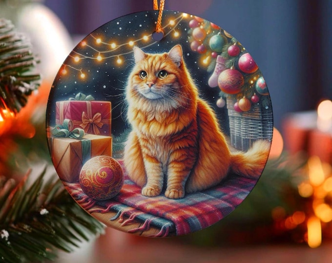 Ginger Cat Christmas Ornament, Ceramic Double-Sided Print Decoration & Gift Bag
