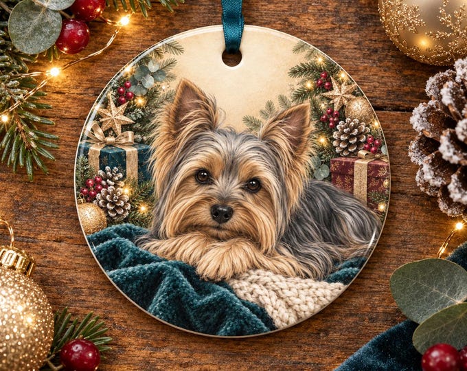 Yorkshire Terrier Dog Christmas Tree Ornament, Ceramic, Double-Sided Print & Gift Bag