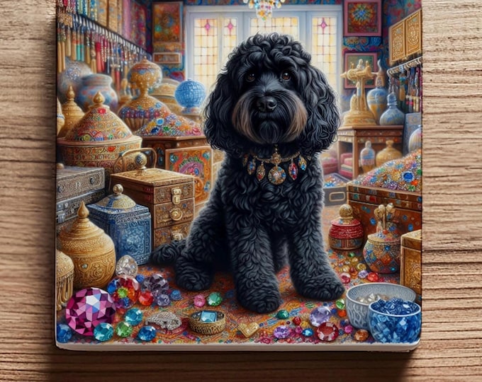 Luxury Black Cockapoo Ceramic Coaster – Victorian Jewel Design, Glossy Finish with Cork Back – Elegant Gift for Dog Lovers